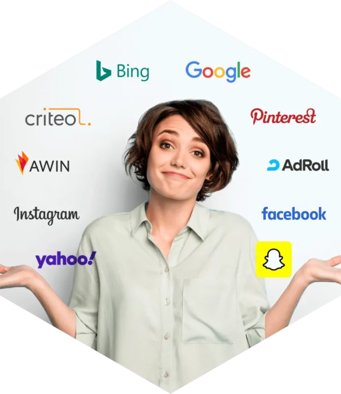 Woman shrugging in front of marketplace logos