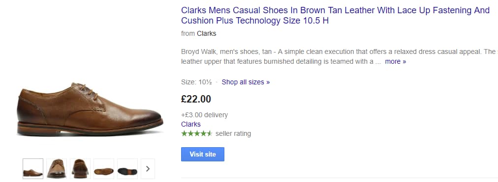 Google Shopping ad for brown shoes