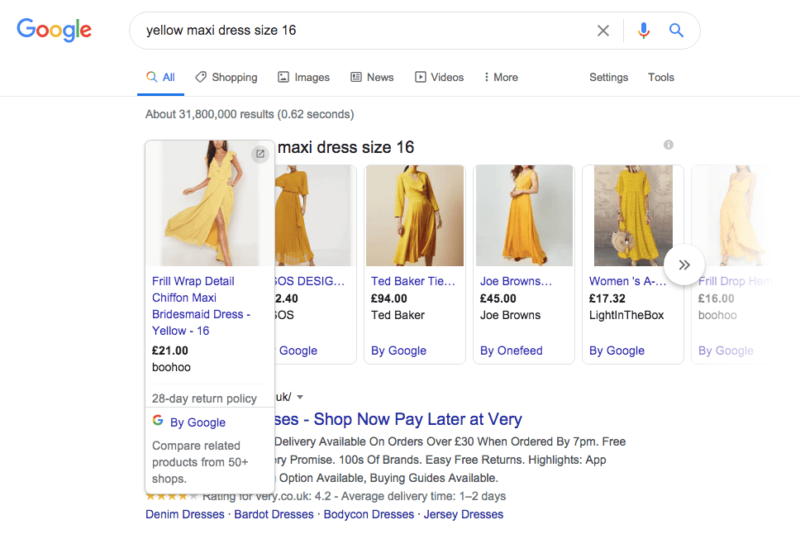 Product feed data as shown on Google Shopping ads for a yellow maxi dress size 16