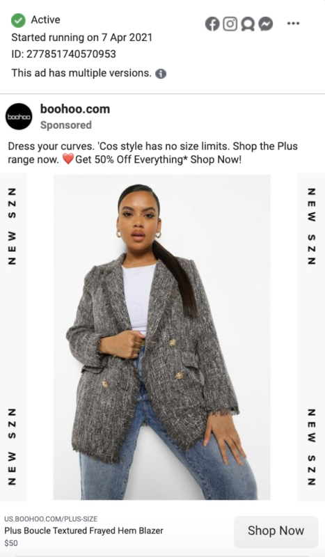 A Boohoo.com sponsored ad for Facebook