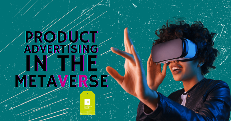 A woman enjoys virtual reality, aiming to touch 'product advertising in the metaverse' text.