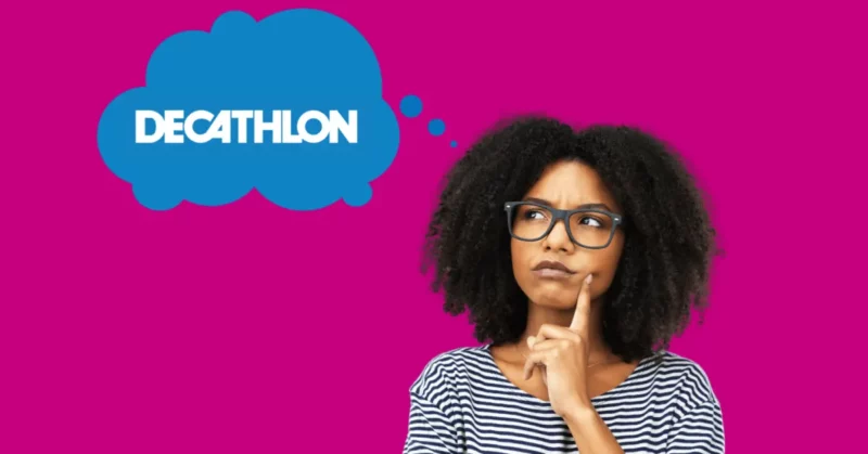 A woman has a thought bubble above her head as she ponders how to sell on Decathlon