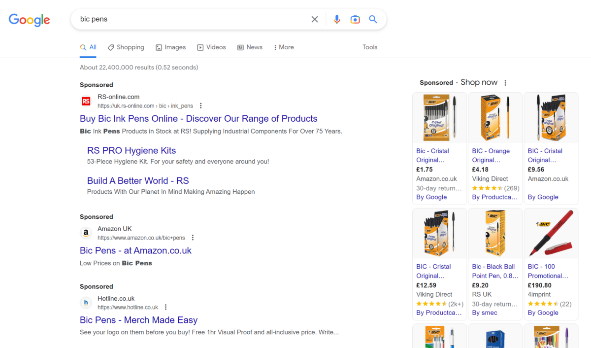 Product Listing Ads showing to the right of text results. Note that the first text results are also Sponsored Ads.