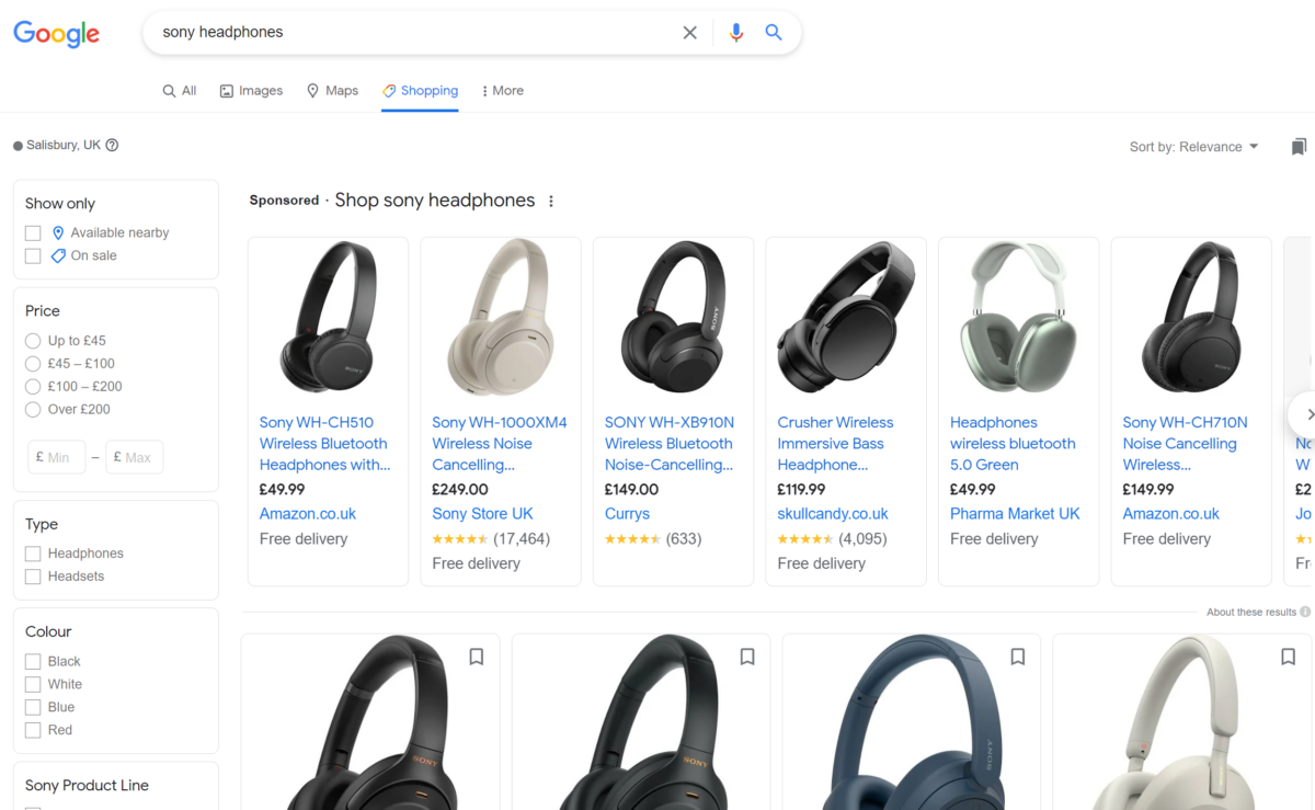 A sample Google Shopping Ads page showing the Product Listing Ads appearing at the top of the page.