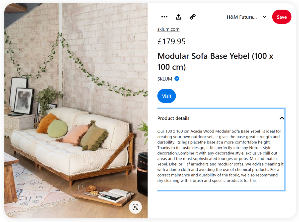 Example of selling on Pinterest with a Rich pin