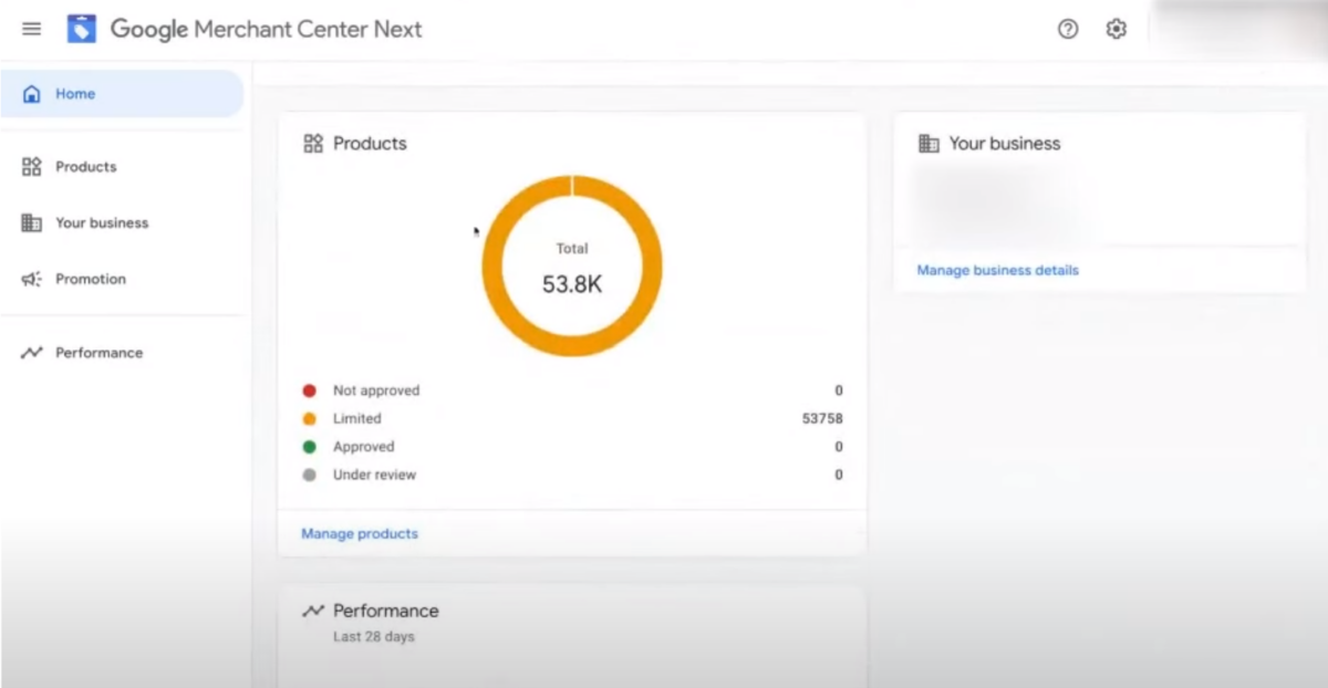 Google Merchant Center Next pie chart screenshot showing 53.8k products in the limited category.