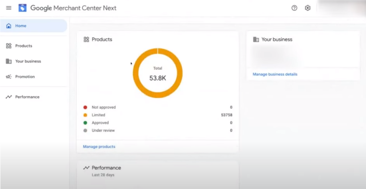 Google Merchant Center Next pie chart  screenshot showing 53.8k products in the limited category.