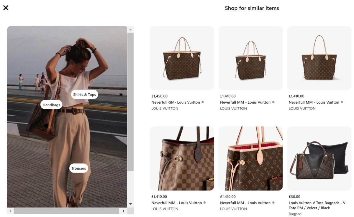 Clicking the white dot on a Collections pin reveals similar handbags to purchase