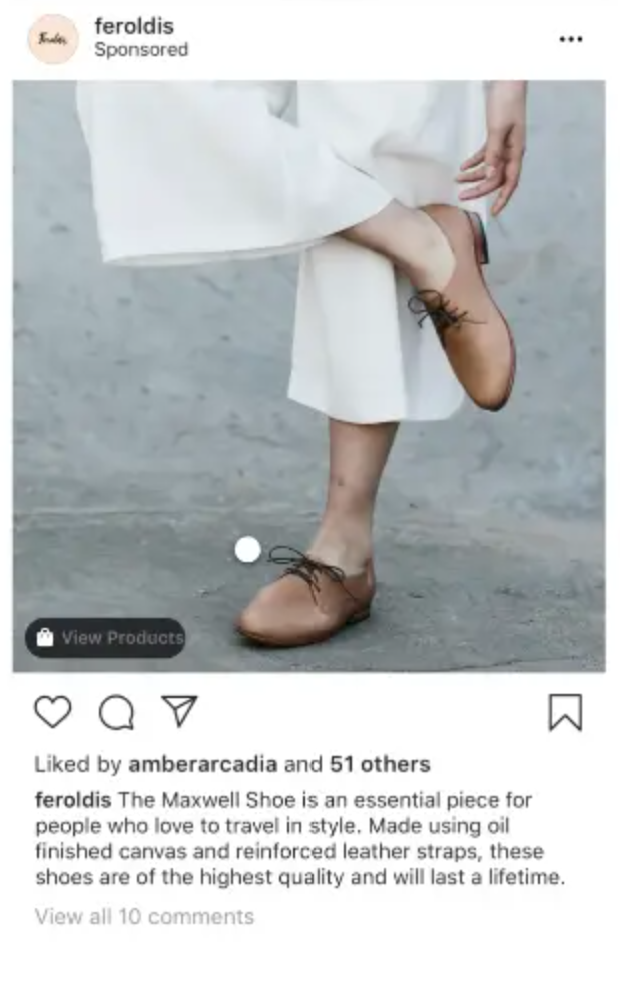 An Instagram shopping ad for Feroldis shoes with dots to highlight products and a 'View products' button in the bottom left corner.