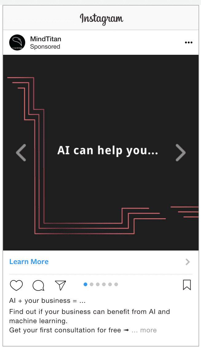 Carousel ad for MindTitan, which says 'AI can help you...' and features arrows that tell the user to swipe left and right. Learn more is the CTA.