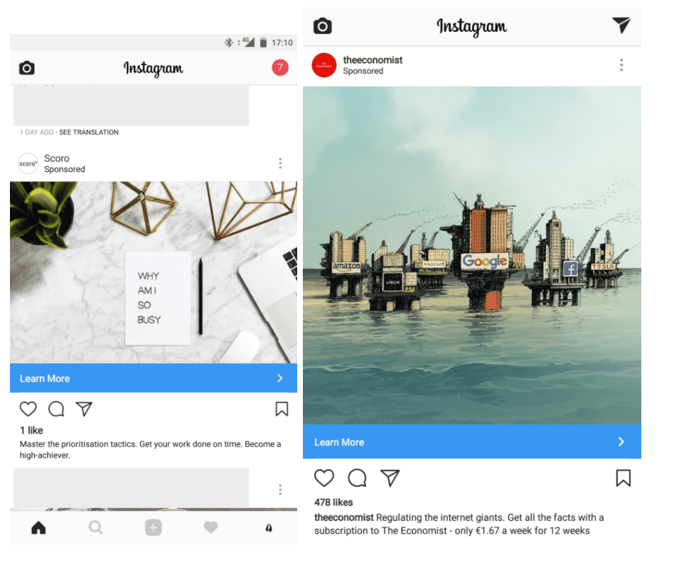 Instagram Image ads for Scoro and The Economist, both featuring the 'Learn More' call-to-action