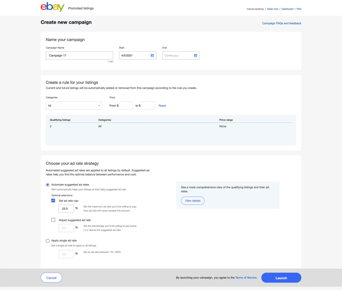 eBay Promoted Listings - creating a new automated campaign