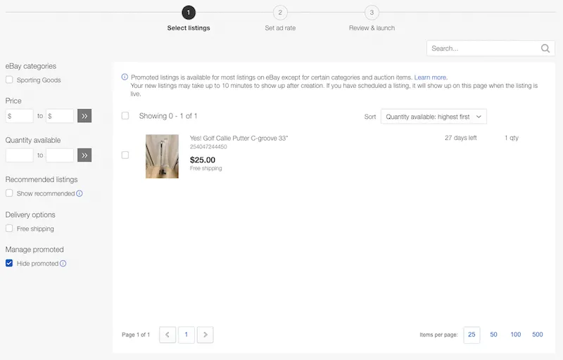 eBay Promoted Listings selection